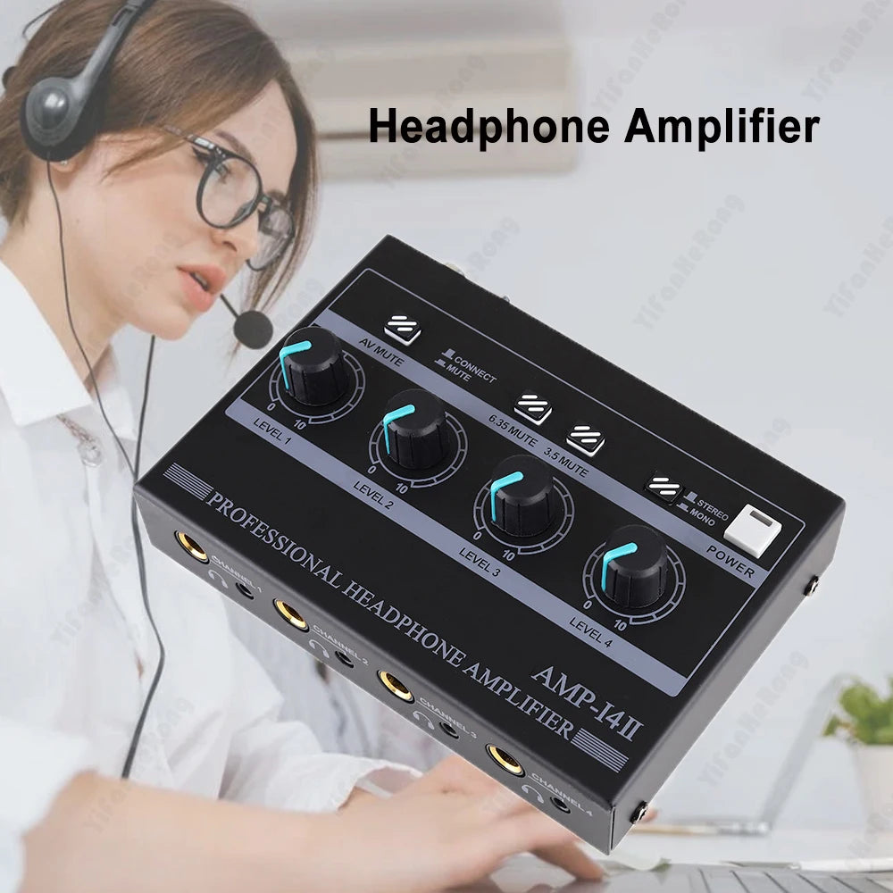 4-Channel Mono/Stereo Audio Set AMP Headphone Amplifier with RCA & 3.5mm & 6.35mm Input for Studio and Stage