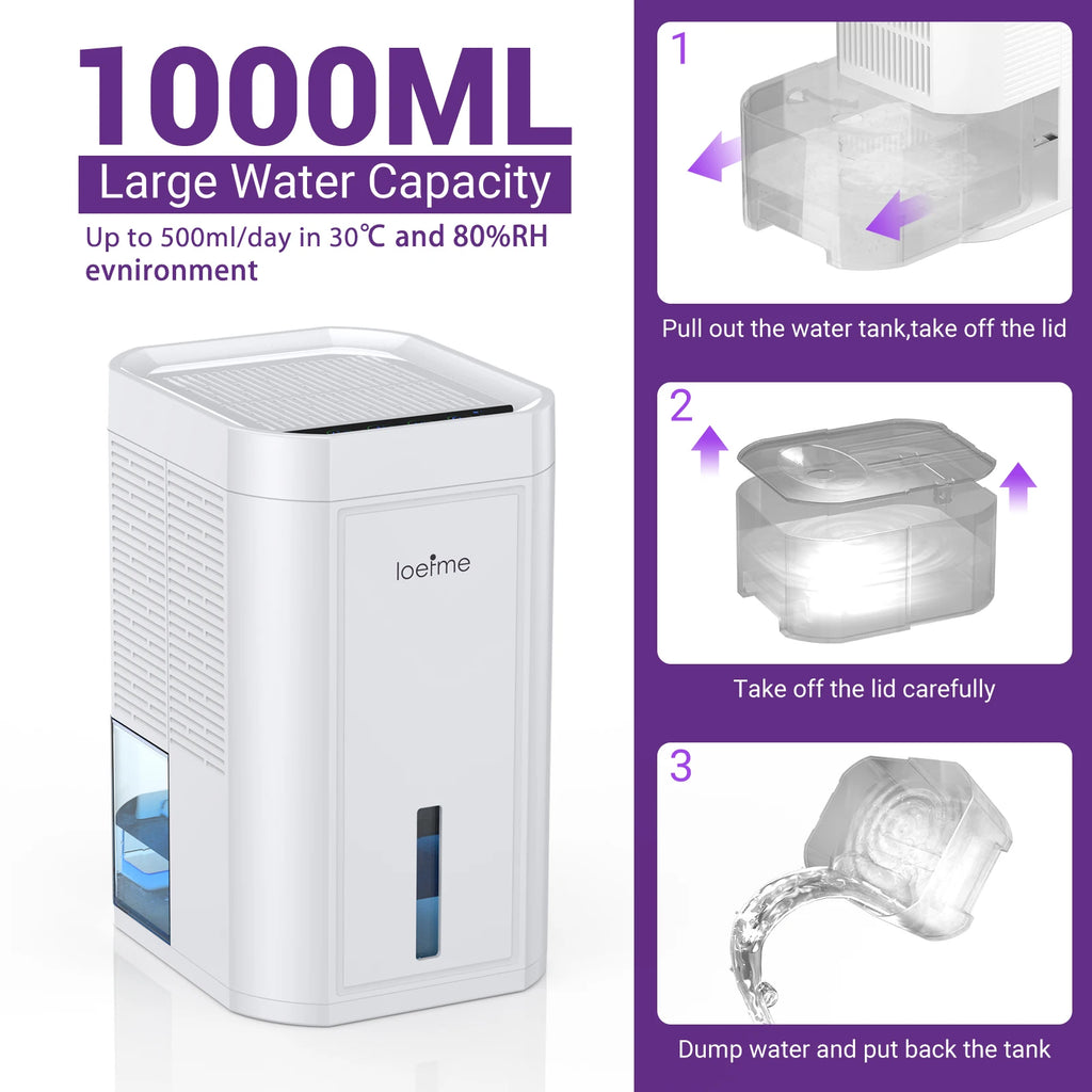LOEFME 1L Silent Dehumidifier Portable 500ML/Day Air Dehumidifier Dryer with LED Light Area 5–20m² for Home Bedroom living Room