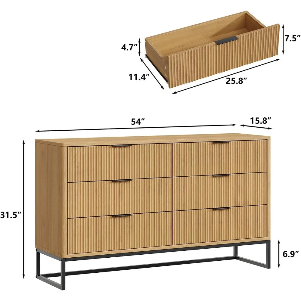 6 Drawer Double Dresser 54''W Modern Dresser Wood Storage Dressers & Chests of Drawers for Closet, Bedroom Living Room, Hallway