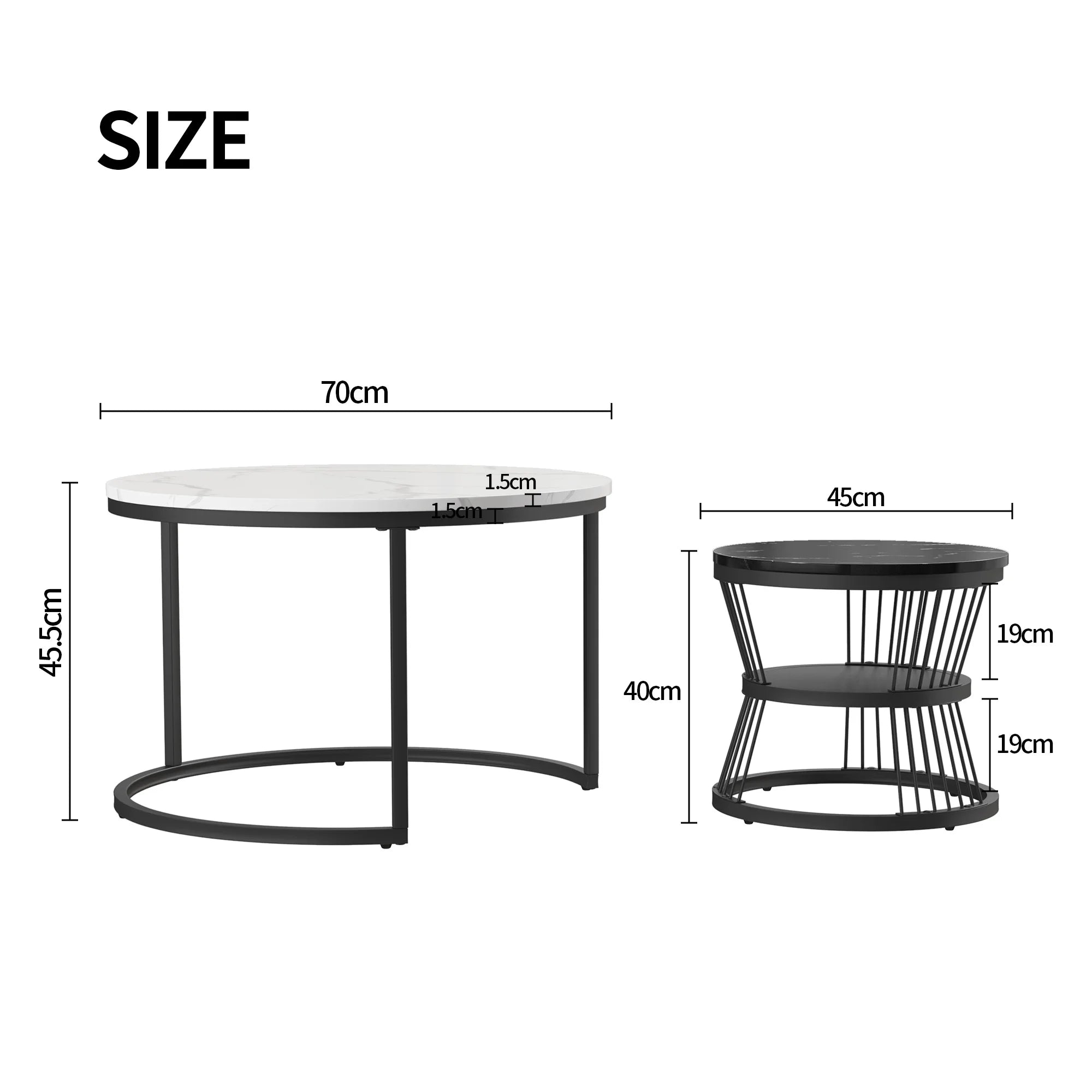Anajqaqia Set of 2 Round Coffee Tables, Set Tables for Living Room, Stackable Sofa Table, Living Room Table, Black and White