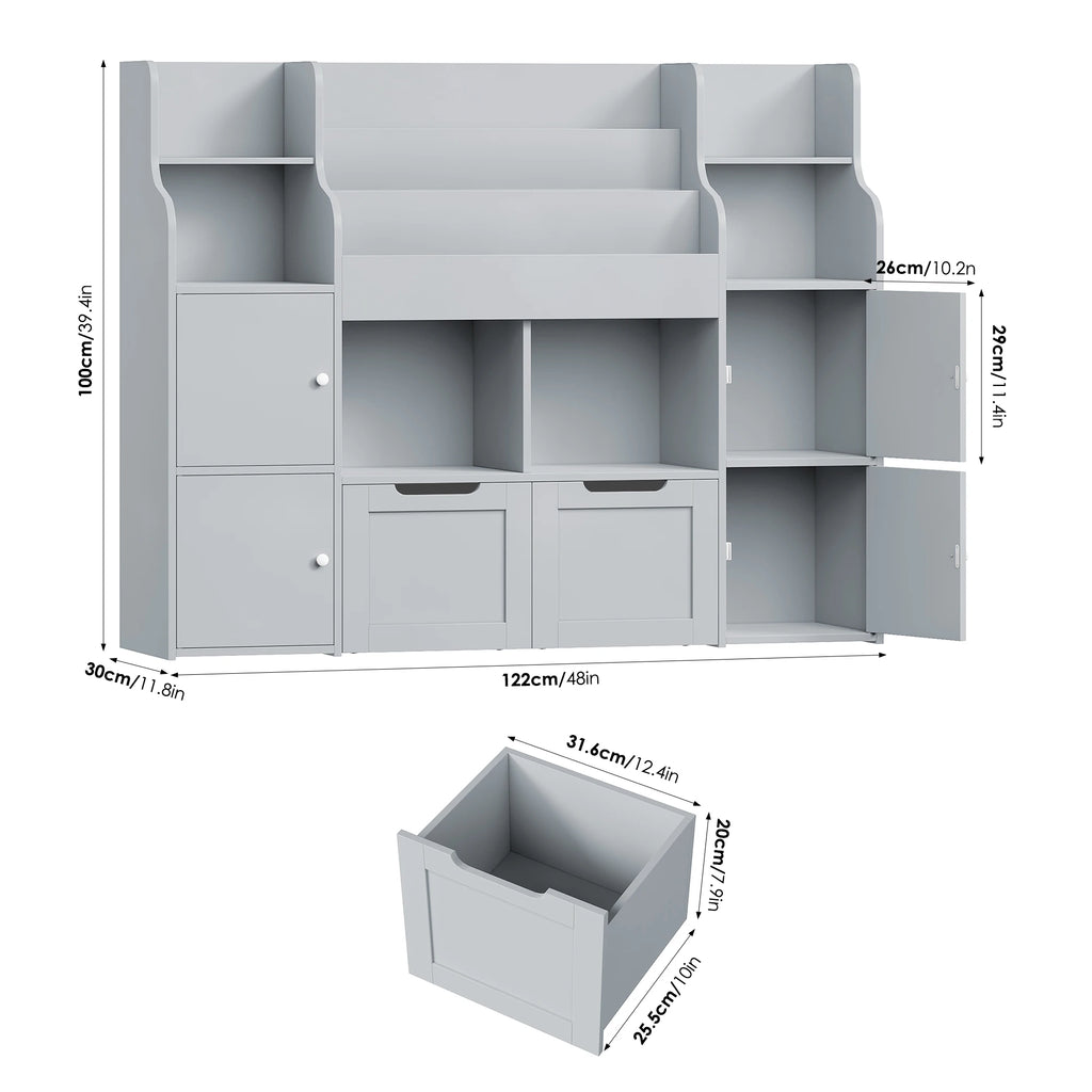 Getone CHILDREN'S room, children's shelf furniture, toys chest, Bookcase, CHILDREN'S wardrobe with 13 shelves 2 doors 2 drawers 122x30x100cm