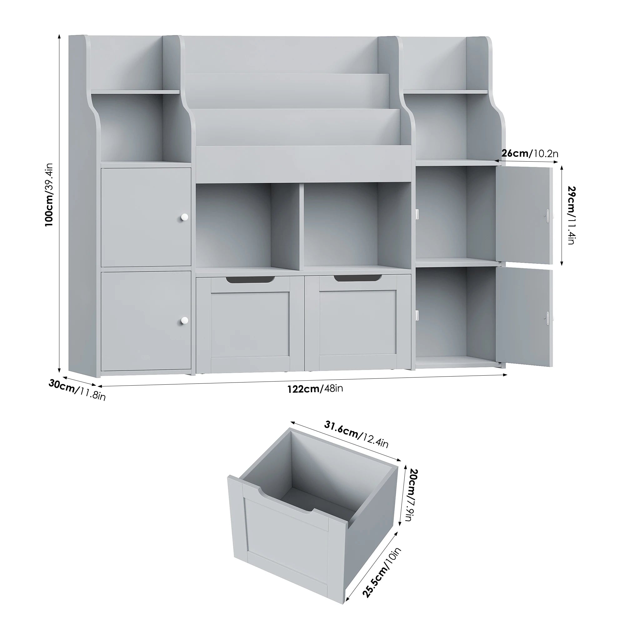 Getone CHILDREN'S room, children's shelf furniture, toys chest, Bookcase, CHILDREN'S wardrobe with 13 shelves 2 doors 2 drawers 122x30x100cm