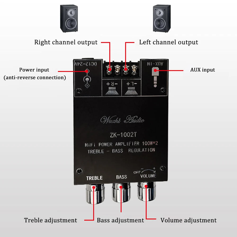 ZK-1002T CS8673E Bluetooth 5.0 HIFI 2.0 Channel Power Audio Stereo Amplifier Board 2*100W Module TREBLE Bass Note Tuning AMP