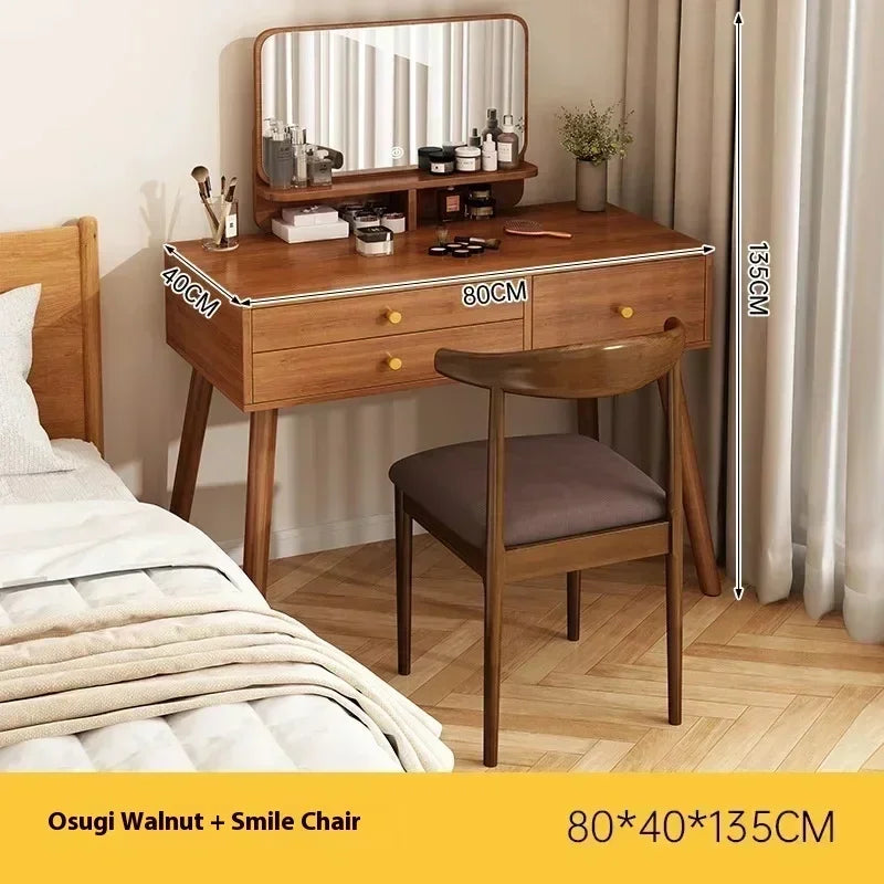 Minimalist Retro Dressers for Bedroom Walnut Color Dressing Tables with Mirror Chair Makeup Dresser Vanity Bedroom Furniture2025