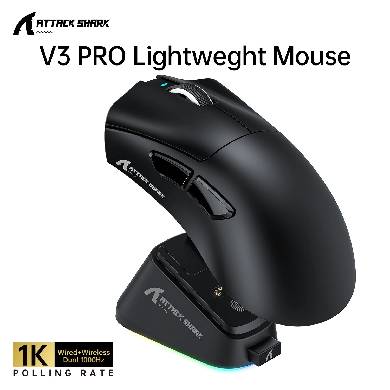 ATTACK SHARK V3PRO Ultra-Light Gaming Mouse with Charging Dock 2.4G Wireless Bluetooth Wired 1000Hz Polling Rate 25000 DPI