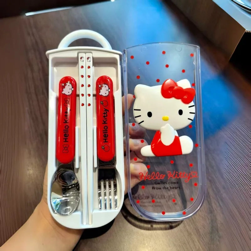 Kitty Melody Kids Picnic Set Tableware Washable Cutlery Kit Case Portable Pouch Dinner Household Tool Travel Camping Spoon, Fork