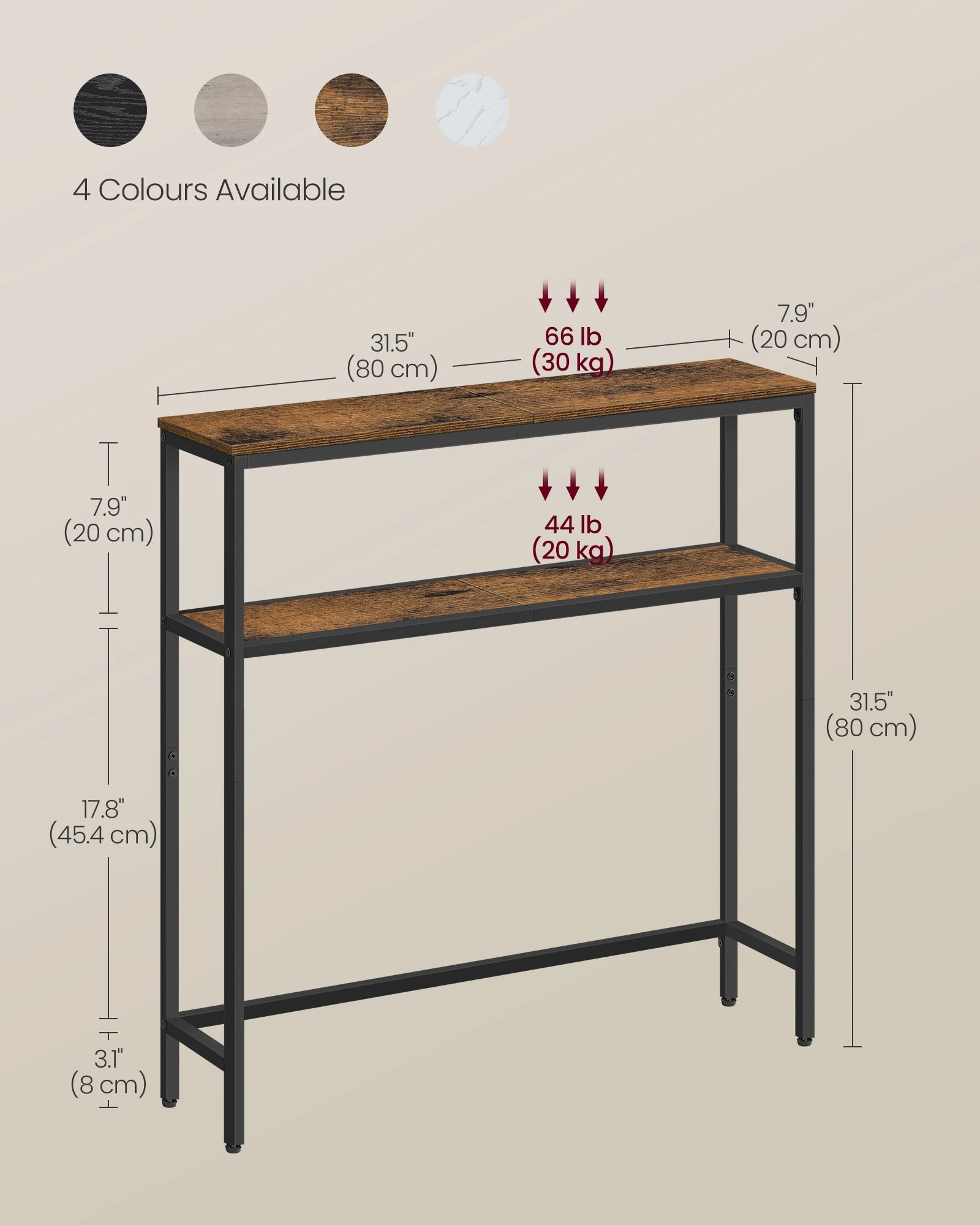 VASAGLE Console Table for Hallway, 2-Tier Slim Sofa Table, 20 x 80 x 80 cm, Hallway Table with 2 Shelves