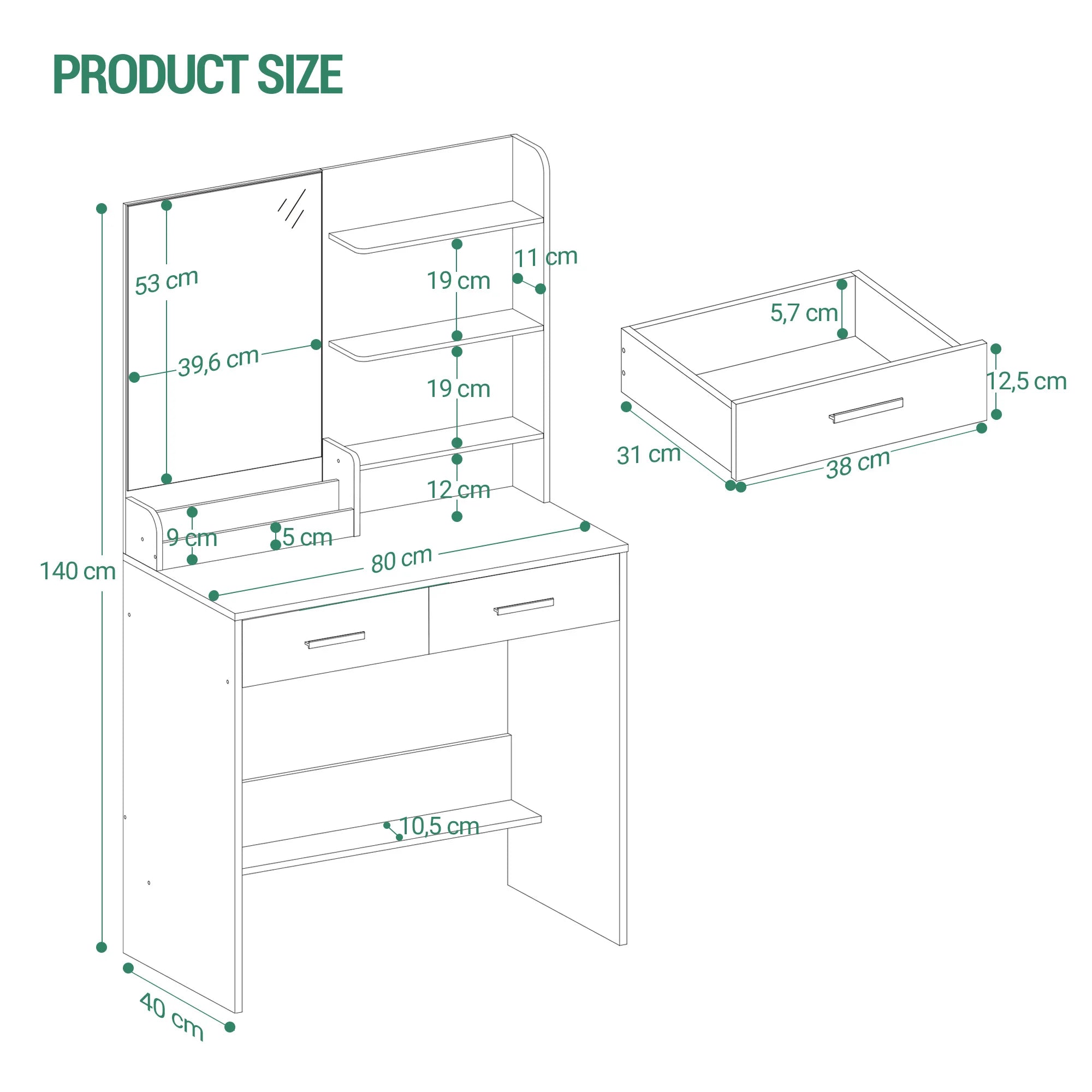Dressing Table with Mirror, Vanity Unit with 4 Open Shelves and 2 Compartments, Dressing Table with 2 Drawers, for Bedroom, Livi