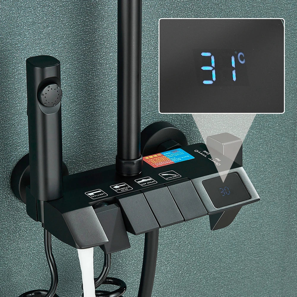 Rozin Black Smart Digital Display Shower Faucet Set Piano Style Rainlfall Bathroom System Grey Digital Mixer Tap Bidet Shower
