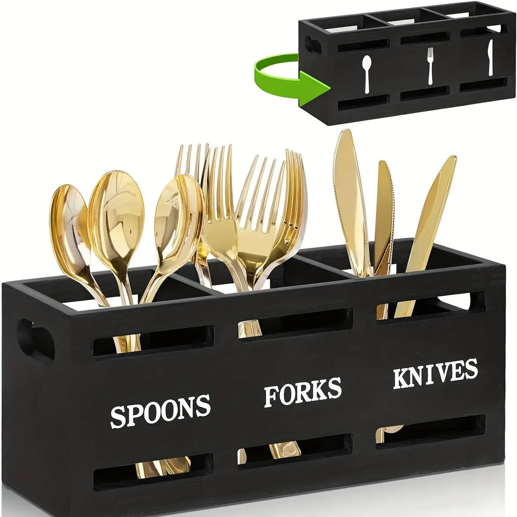 Wooden Silverware Utensil Holder with 3 Compartments, Kitchen Countertop Cutlery Organizer, Each Kitchen Chopstick and Spoon Org