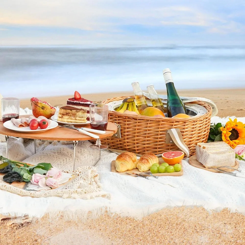 Picnic Basket for 2 with Wine Table & Cooler – Wicker Outdoor Set