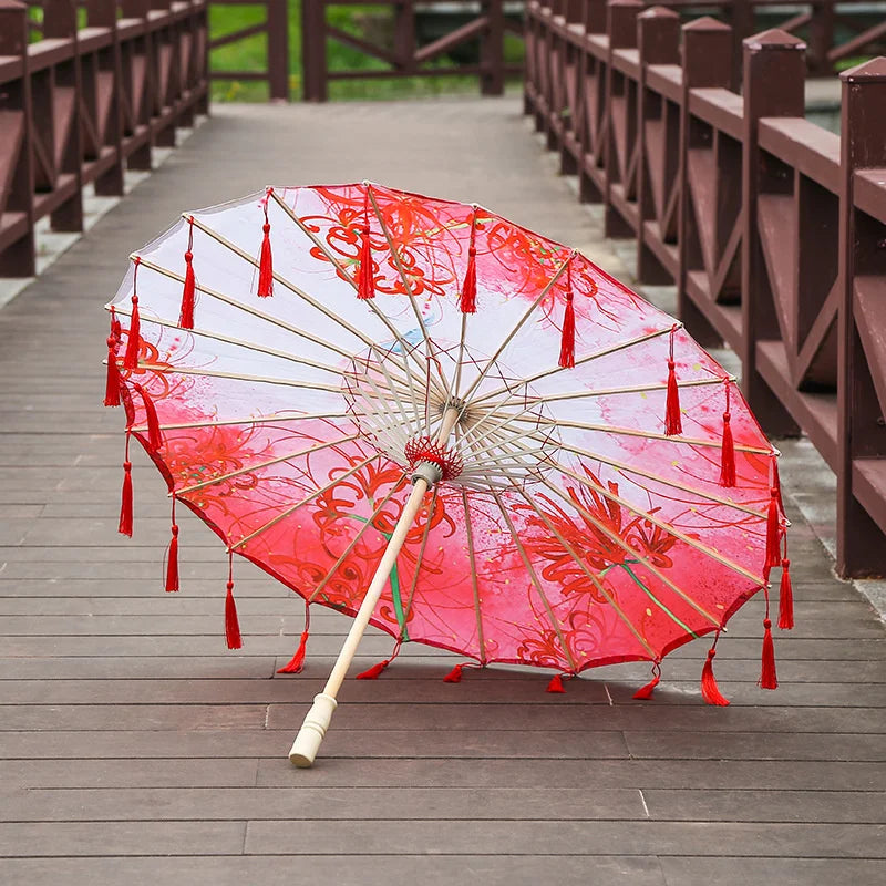 82cm Pink Flowers Silk Decorative Umbrella Han Cos Props Tassel Umbrella Ancient Chinese Classic Oil Paper Parasol