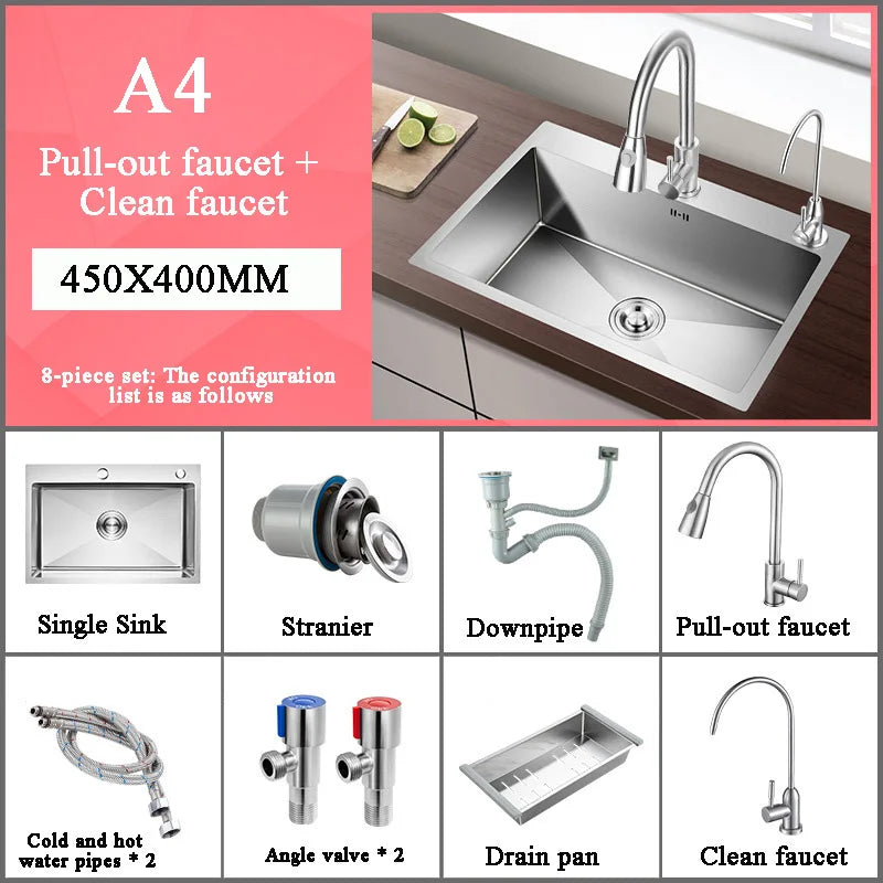 Stainless Steel Kitchen Sink Farm House Above Counter Undermounter Single Bowel Wash Basin with Faucet Drain Kitchen Accessories