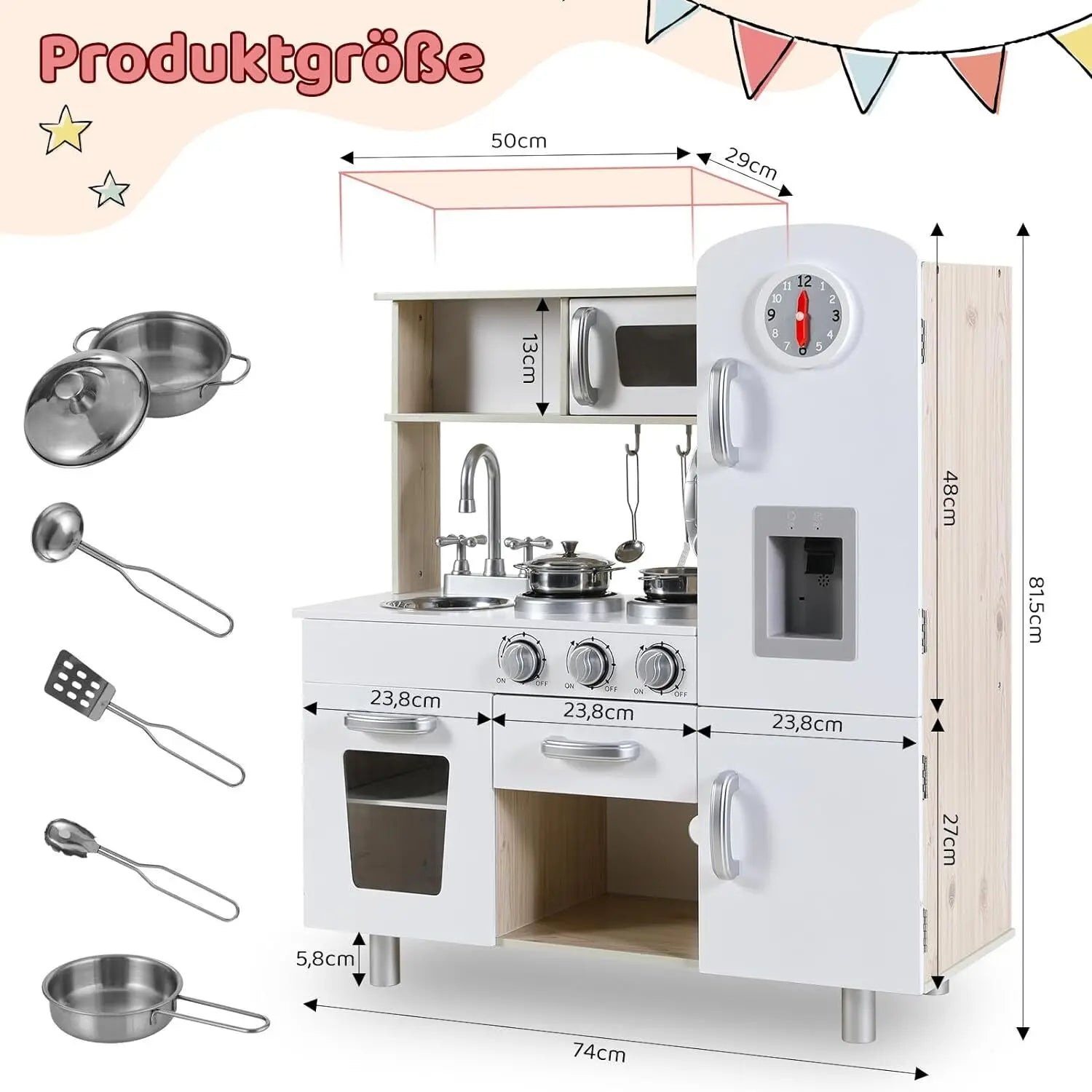 Children's Wooden Kitchen Toy for Children Play Kitchen with Simulated Light and Sound Effects, Doll Kitchen with Accessories