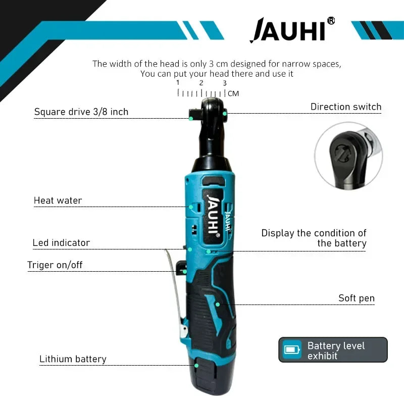 JAUHI 12V Cordless Electric Wrench 3/8'' Right Angle Ratchet Wrench Angle Drill Screwdriver Removal Screw Nut Car Repair Tool