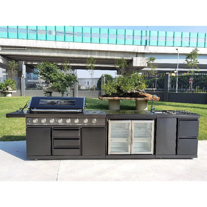 Customized Industrial Compact Outdoor Kitchen Set Gas Grill & Storage Cabinet for Small Patio & Apartment Balconies