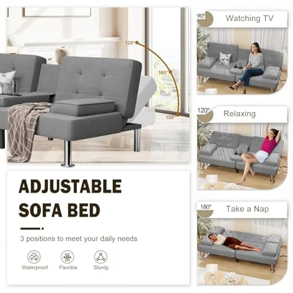Modern Sofa Bed with Cupholders & Metal Legs