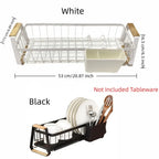 Detachable Kitchen Dish Rack Large Capacity Metal Frame Dish Drying Drain Rack Dish Drainer Wooden Handle Cutlery Cup Holders