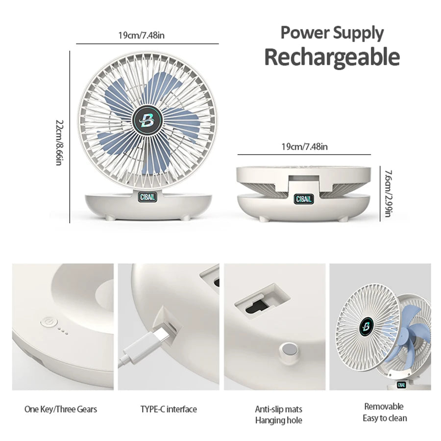 2024 New 90° Foldable Fan Rechargeable Wall Mounted Fan Table Fan Port