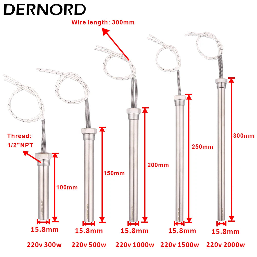 Immersion Cartridge Heater 1/2" Thread Cylindrical Hot Rod  Resistance 220V 300W 500W 1/1.5/2KW Electric Water Heating Element