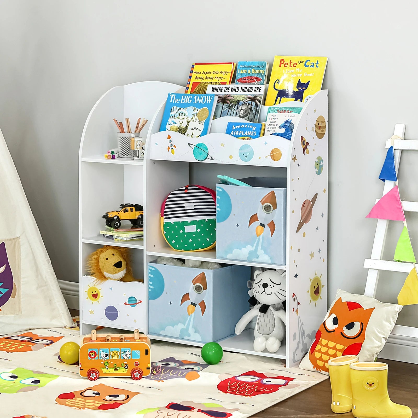 SONGMICS Toy and Book Storage Rack, Multifunctional Storage Furniture with 2 Drawers Fabric for Playroom
