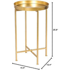 Tray Metal End Table, Gold Round Foldable Side Table Small Decorative Sofa Snack Coffee Plant Stand Table (Golden Tray)