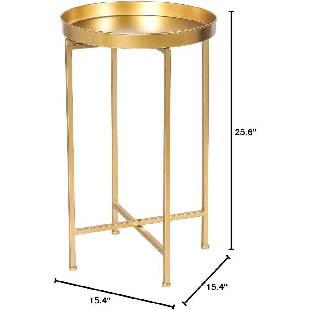 Tray Metal End Table, Gold Round Foldable Side Table Small Decorative Sofa Snack Coffee Plant Stand Table (Golden Tray)