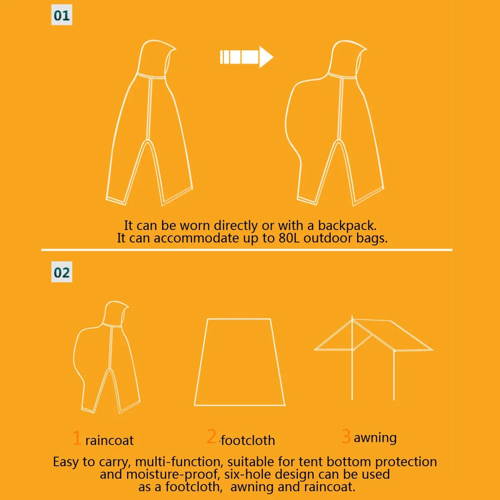 3-in-1 Multifunction Travel Waterproof Poncho Outdoors Rain Coat Shelter Camping Mat Backpack Cover Women Men Raincoat