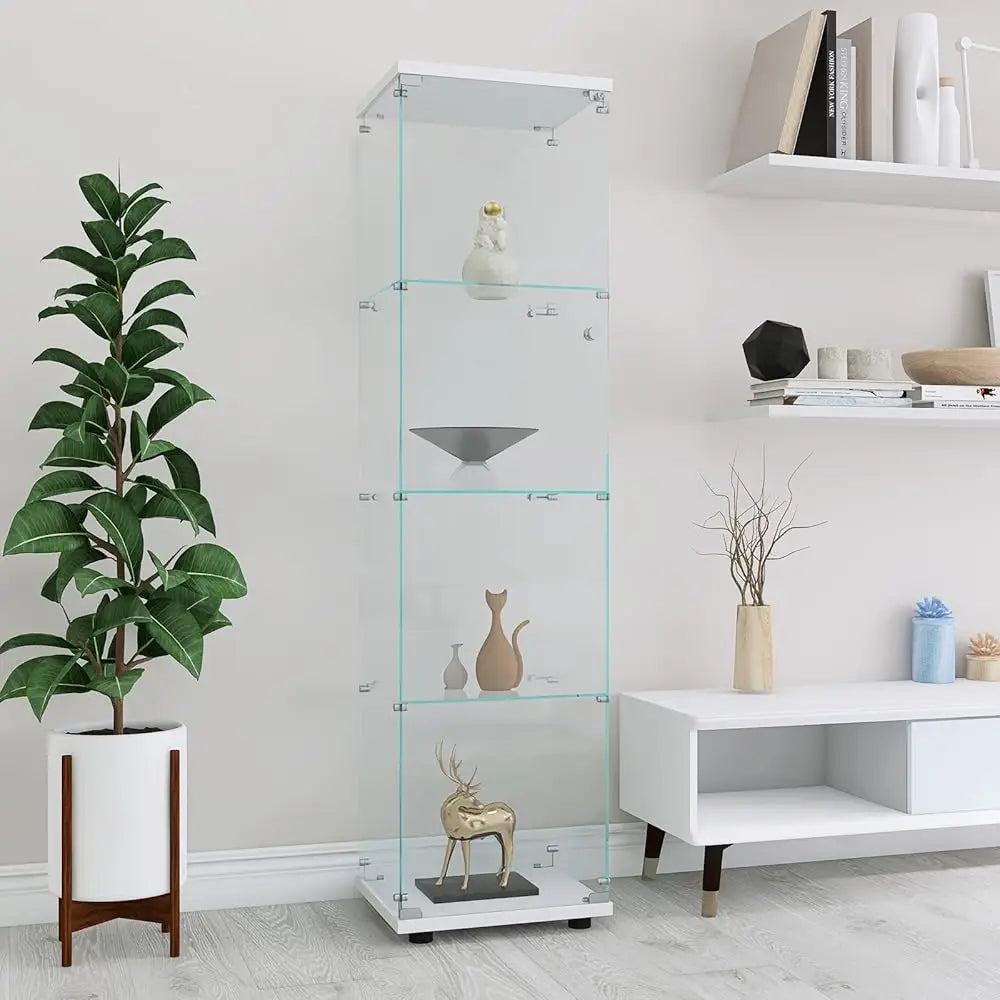Modern 64.5'' Contemporary 4-Shelf Case Glass Display Cabinet In Clear With Door, Curio Cabinet Collection Display Case, Floor
