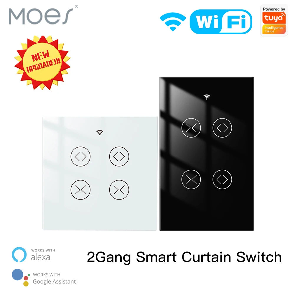 MOES Tuya Smart Life WiFi RF 2 Gang Double Curtain Blind Switch for Roller Shutter Electric Motor With Google Home Alexa