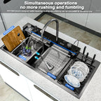 New Stainless Steel Waterfall Kitchen Sink Embossed Extra Large Single Slot Digital Display Dishwashing Sinks With Draining Rack