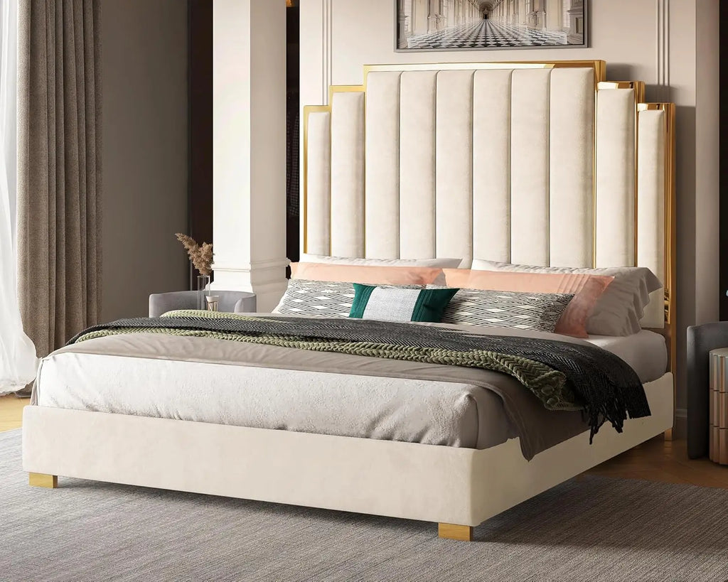 King Size Platform Bed Frame, 65" Velvet Upholstered Bed with Gold Trim Headboard/Wooden Slats/No Box Spring Needed/Black