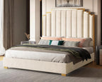 King Size Platform Bed Frame, 65" Velvet Upholstered Bed with Gold Trim Headboard/Wooden Slats/No Box Spring Needed/Black