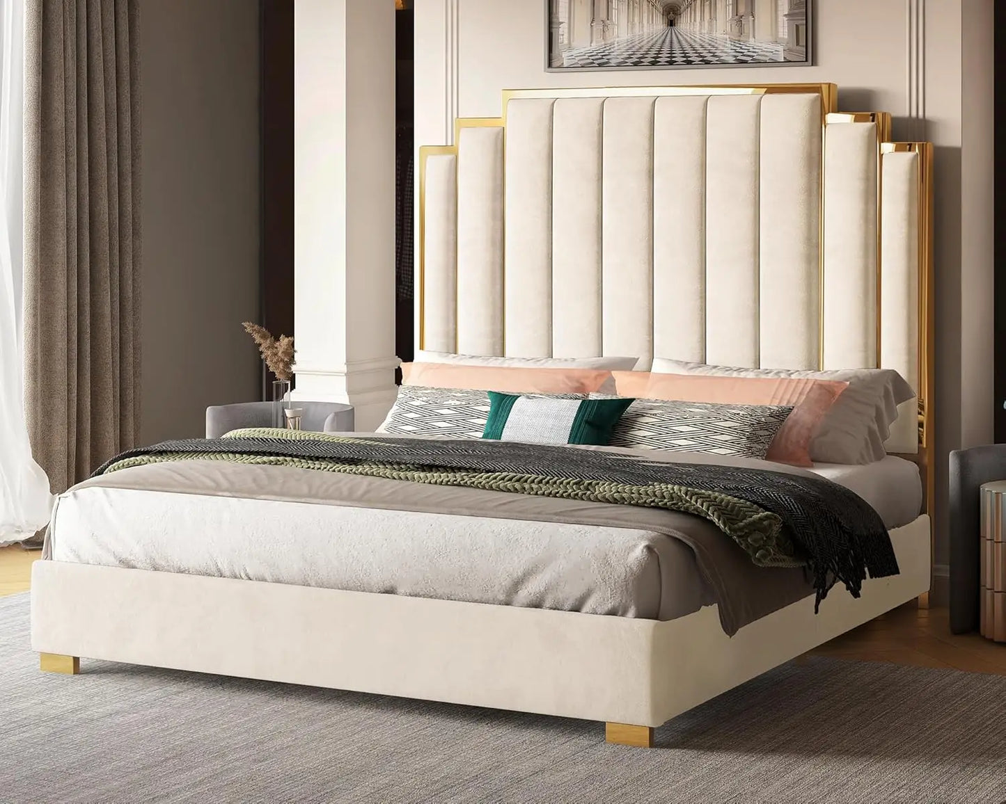 King Size Platform Bed Frame, 65" Velvet Upholstered Bed with Gold Trim Headboard/Wooden Slats/No Box Spring Needed/Black