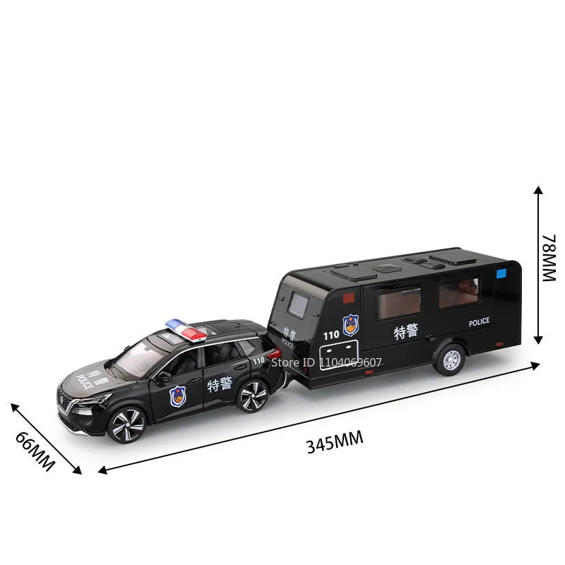 1:32 X-TRAIL Toy Model Cars Alloy Diecast Police Car Pull Back Doors Opened Sound Light Rubber Tires Camping RV Gifts for Boys