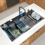 Stainless Steel New Waterfall Kitchen Sink Digital Display Dishwashing Sinks With Draining Rack Embossed Extra Large Single Slot