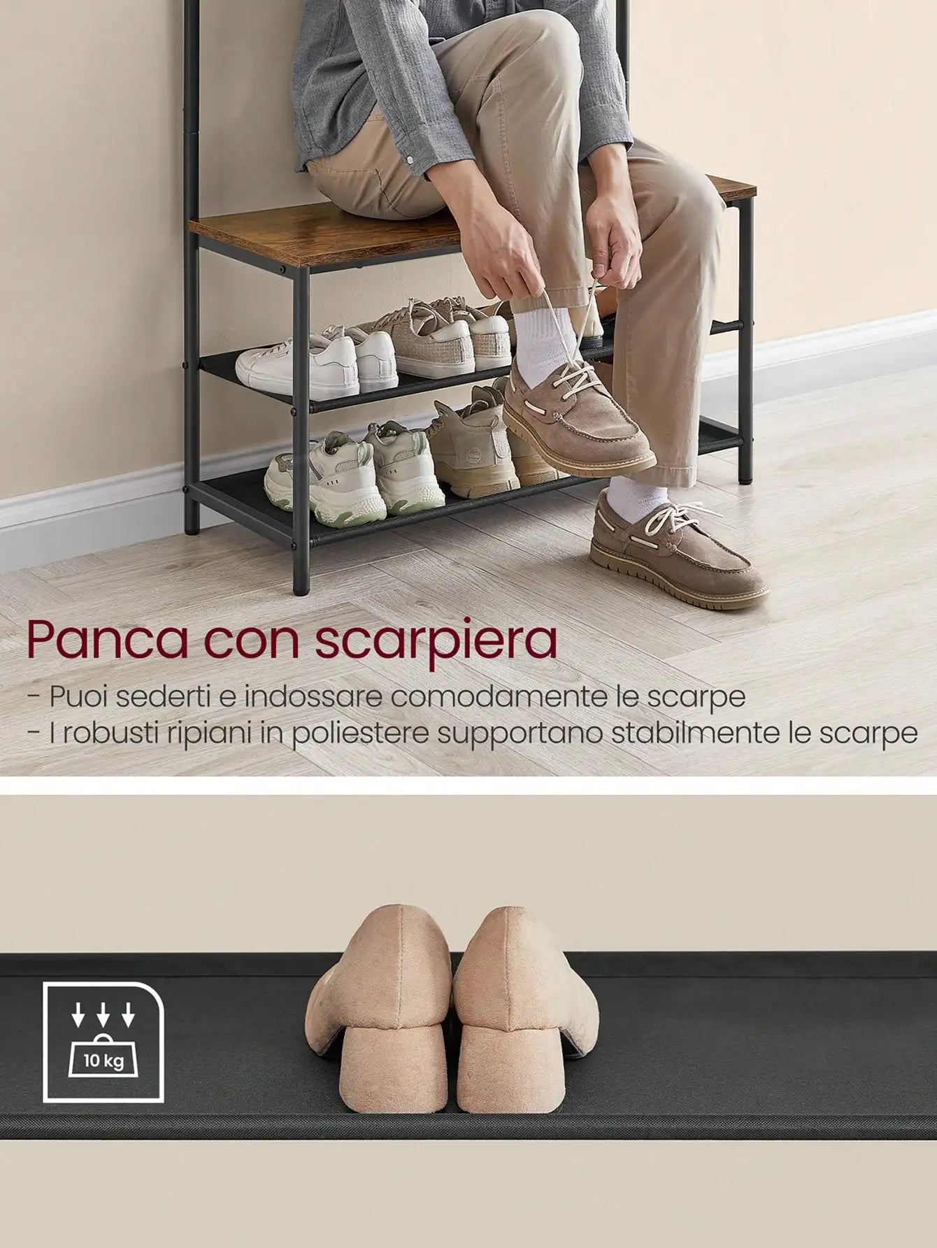 VASAGLE Coat Rack with Shoe Storage, Hall Tree Bench, 9 Hooks, Top Bar, 32.2 x 84 x 180 cm, Bedroom Organizer