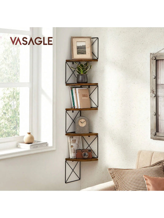VASAGLE Wall Mounted 5-Tier Floating Corner Shelf. For Bedroom, Living Room, Bathroom, Kitchen, Office. Easy Assembly