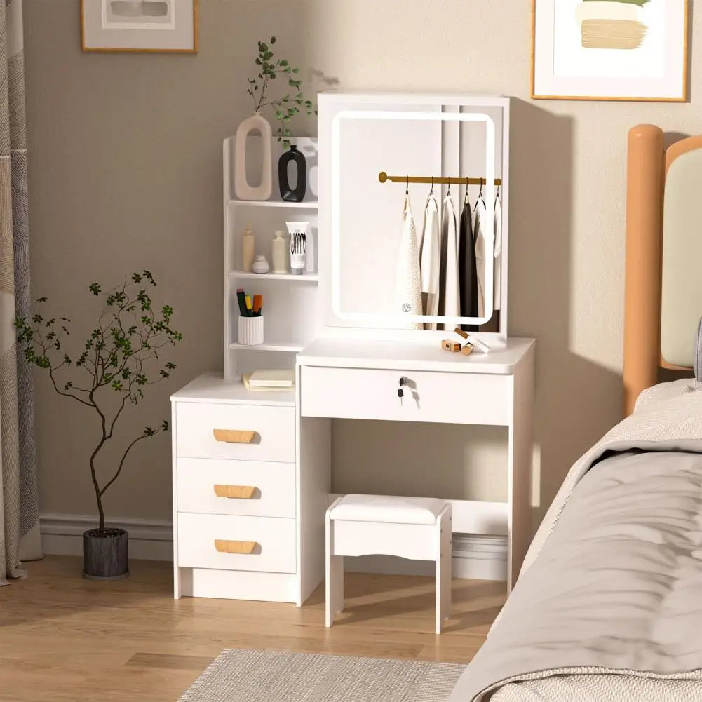 Makeup Vanity Desk with LED Lighted Mirror, Vanity Table with 4 Drawers and Opening Shelves, Bedroom Dressing Table with Stool