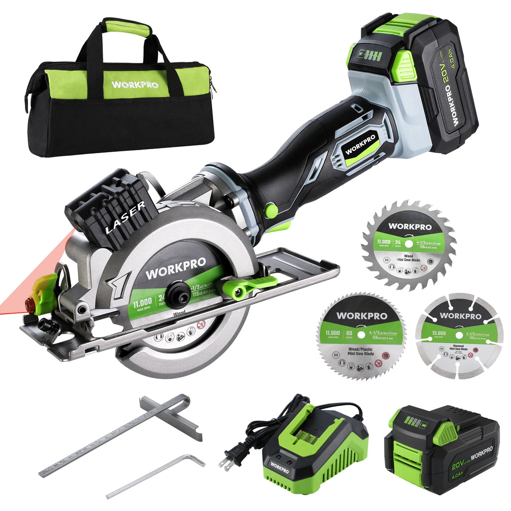WORKPRO 20V Cordless Electric Circular Saw - 115mm Blade, Laser Guide for Wood & Tile | AlluCanFind