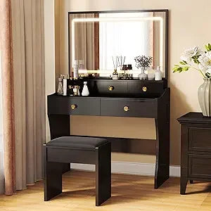 Makeup Vanity Desk with Mirror and Lights, Vanity Table and Chair Set with 5 Drawers and Charging Station, Bedroom Dresser LED