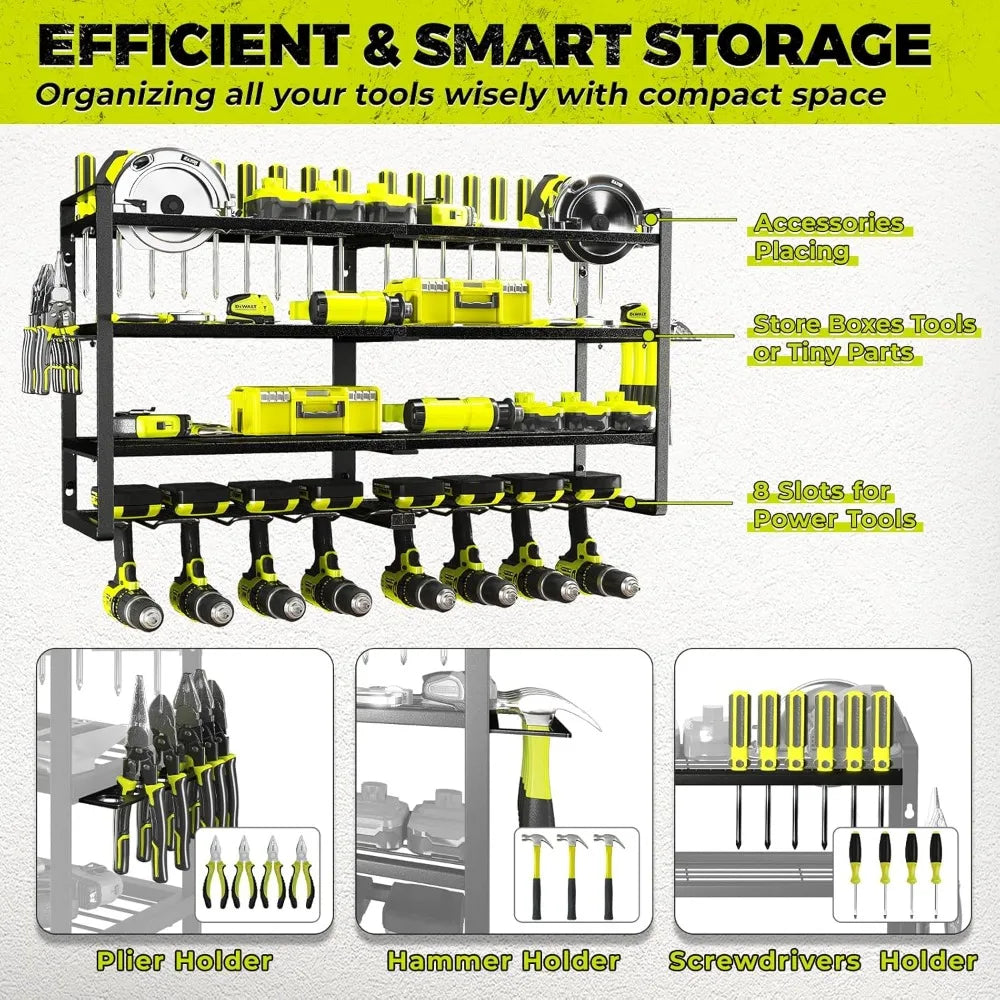 4 Layer Heavy Duty Metal Power Tool Storage Rack,Garage Tool Organizer and Storage with Screwdriver Holder Holder/Hammer Holder