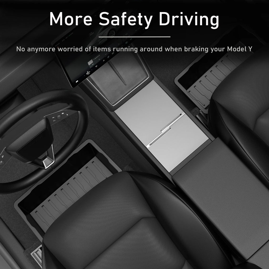 For Tesla Model Y Juniper 2025 Front Rear Under Seat Storage Box Bins Center Console Organizer Hidden Drawer Travel Accessories