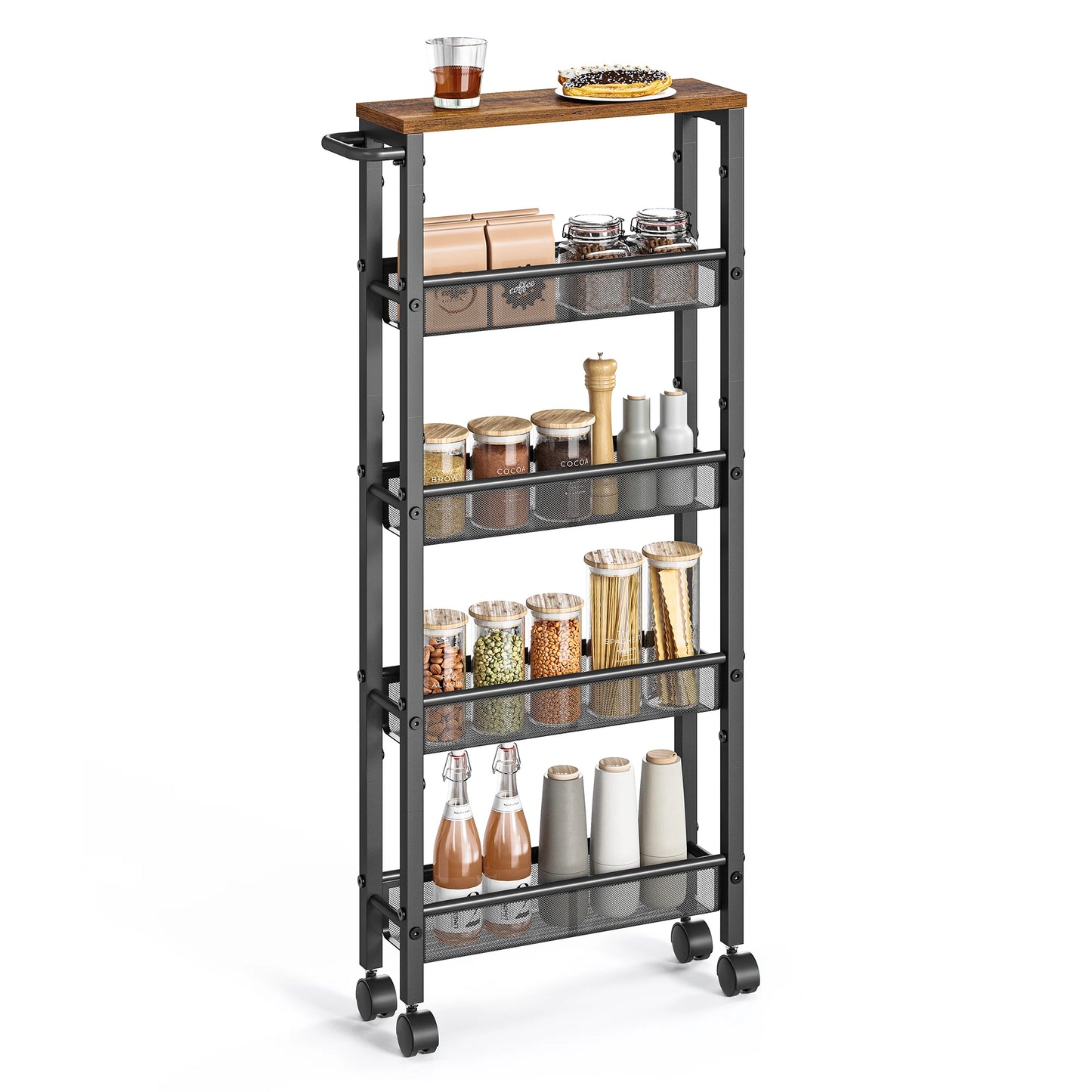 VASAGLE Slim Rolling Cart, 5-Tier Storage Cart, Narrow Cart with Handle, 5.1 Inches Deep, Metal Frame, for Kitchen, Dining Room