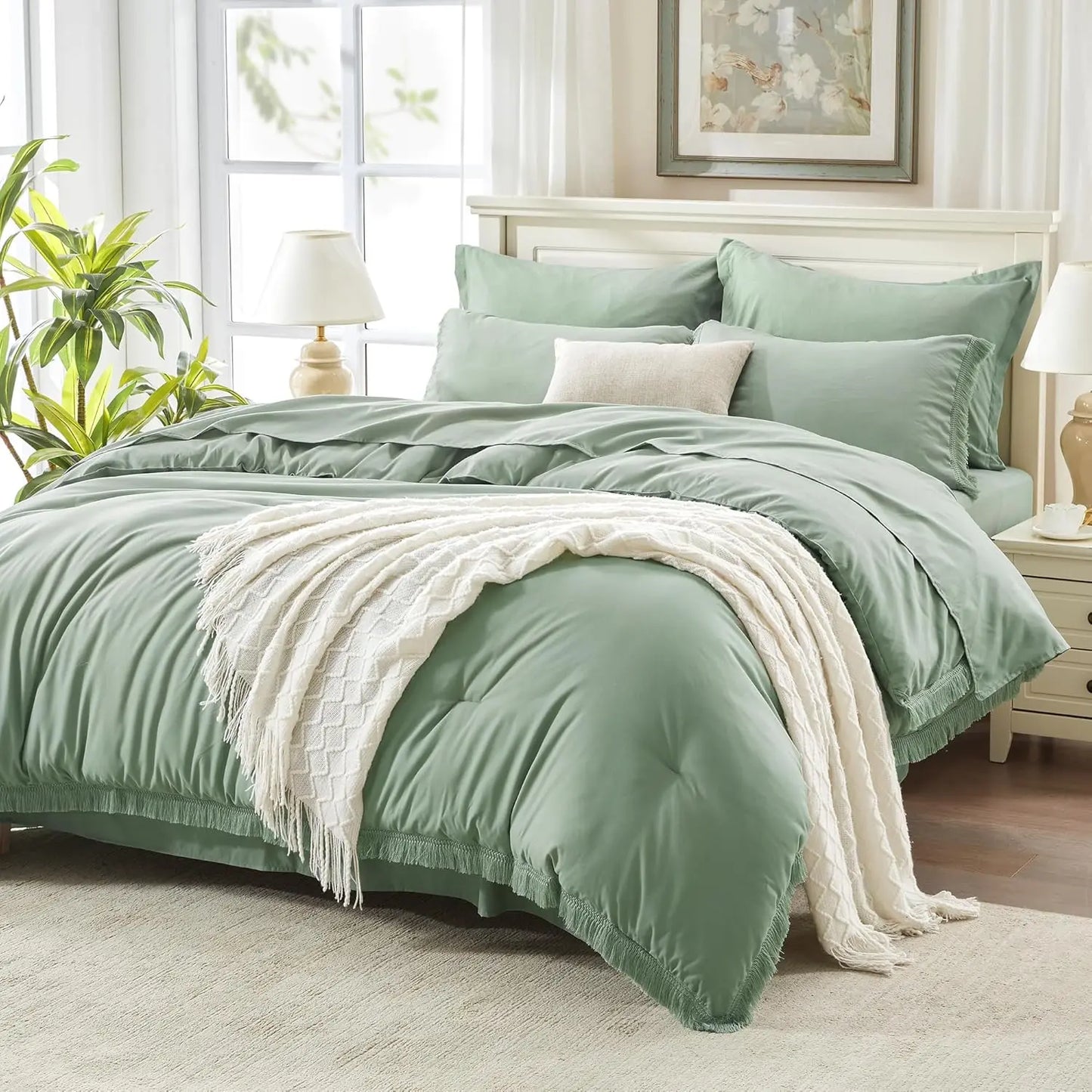 Comforter Set King Size, with Sheets 7 Pieces Boho Tassel Bed in a Bag Soft Lightweight Bedding Sets, All Season Fringe Bed Set