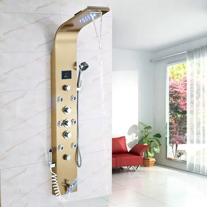 Gold Shower Panel LED Light Bathroom Six Functions Shower Column Tower Digital Screen Waterfall Shower Massage Spa Jets Tub