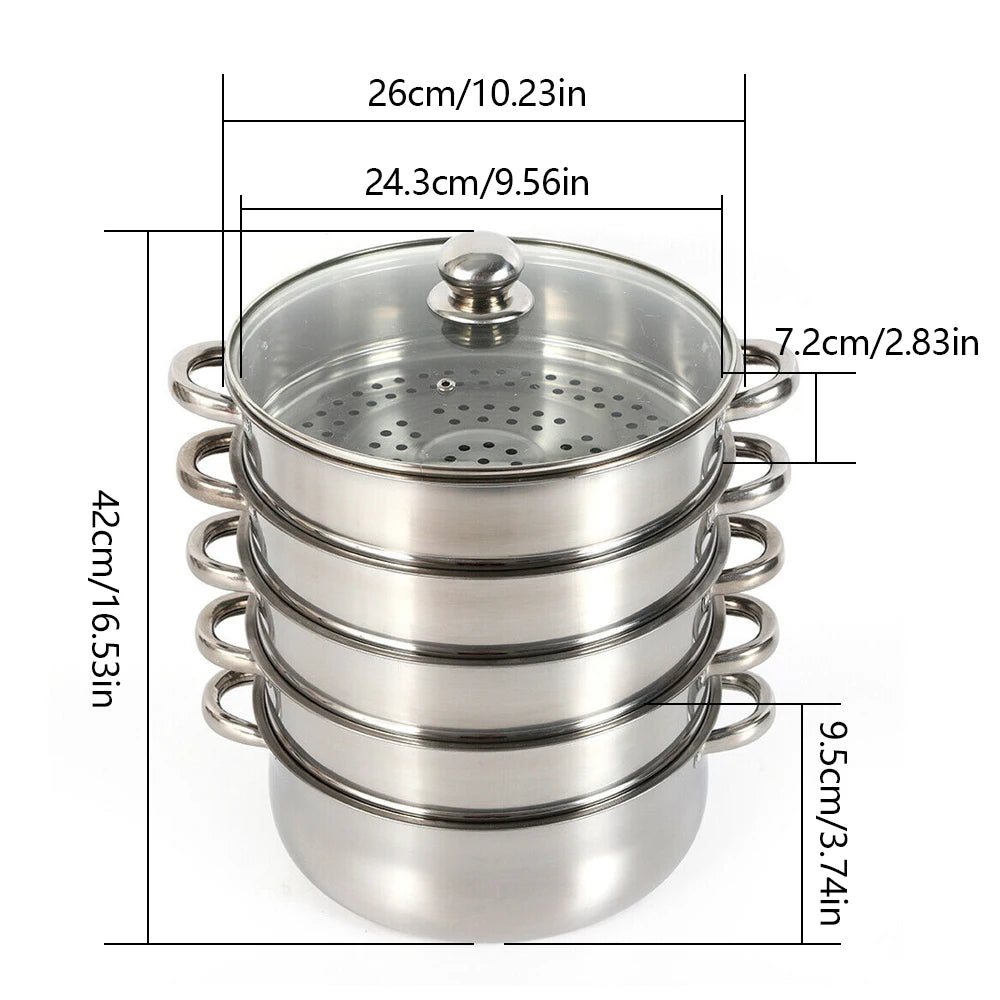 5 Tier  26/28/30/32cm Steame Cooker Steamer Pan Cook Food Veg Pot Stainless Steel Silver w/Glass Lid
