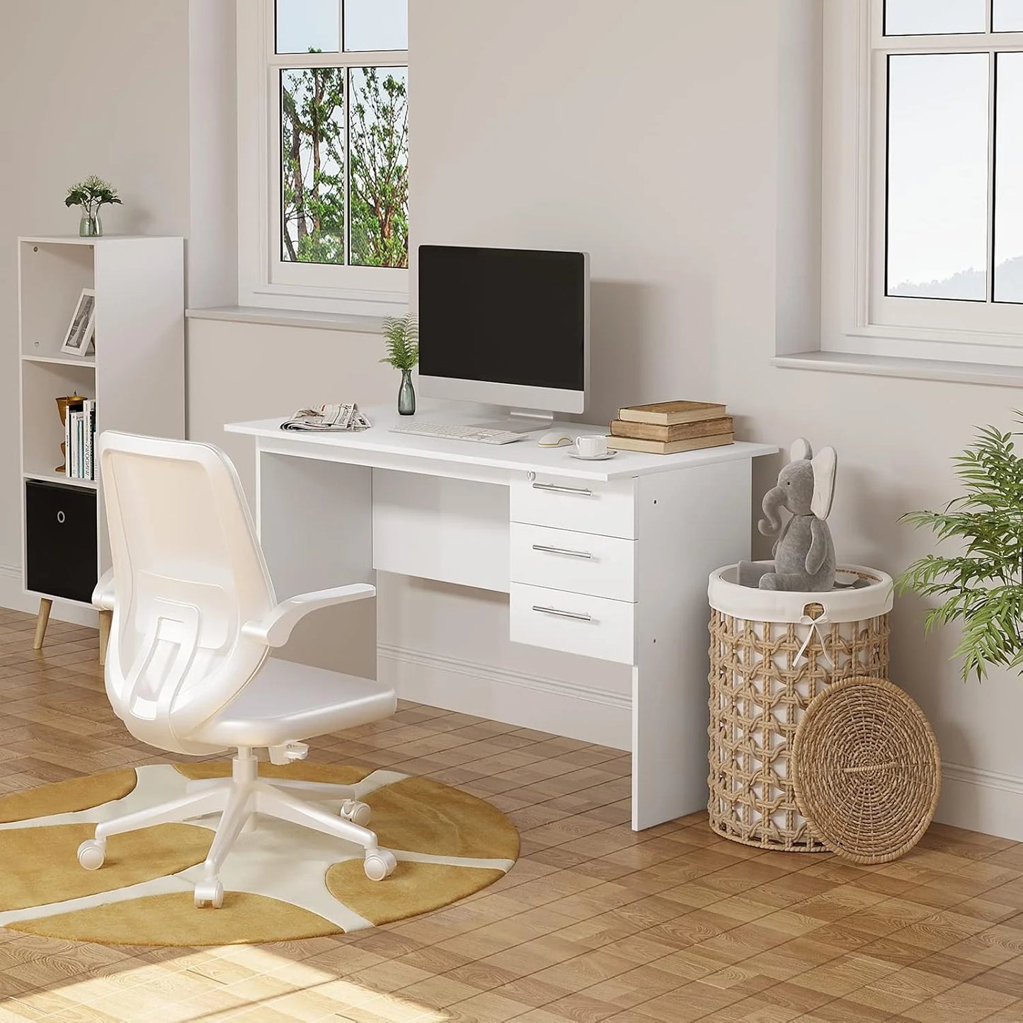 WOLTU Computer Desk PC Laptop Table Office Desk with 3 Drawers and Lock Black/ White Chipboard Table for Bedroom Living Room