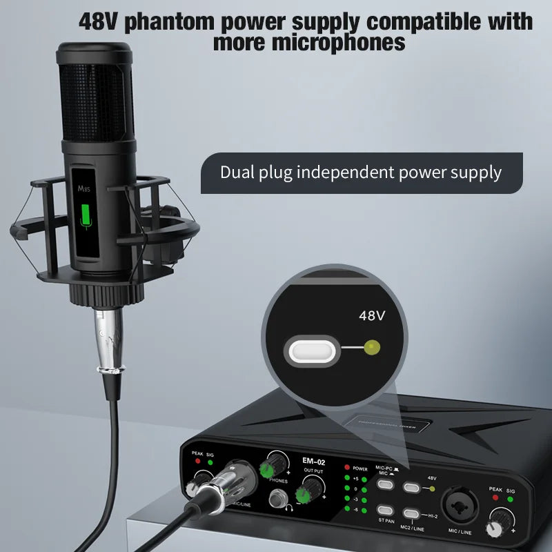 2-in/2-out 48V Phantom Power Mic Audio Interface, 32-bit/384kHz Audio Resolution, Mic Preamp, Low Noise & Distortion, for Electr