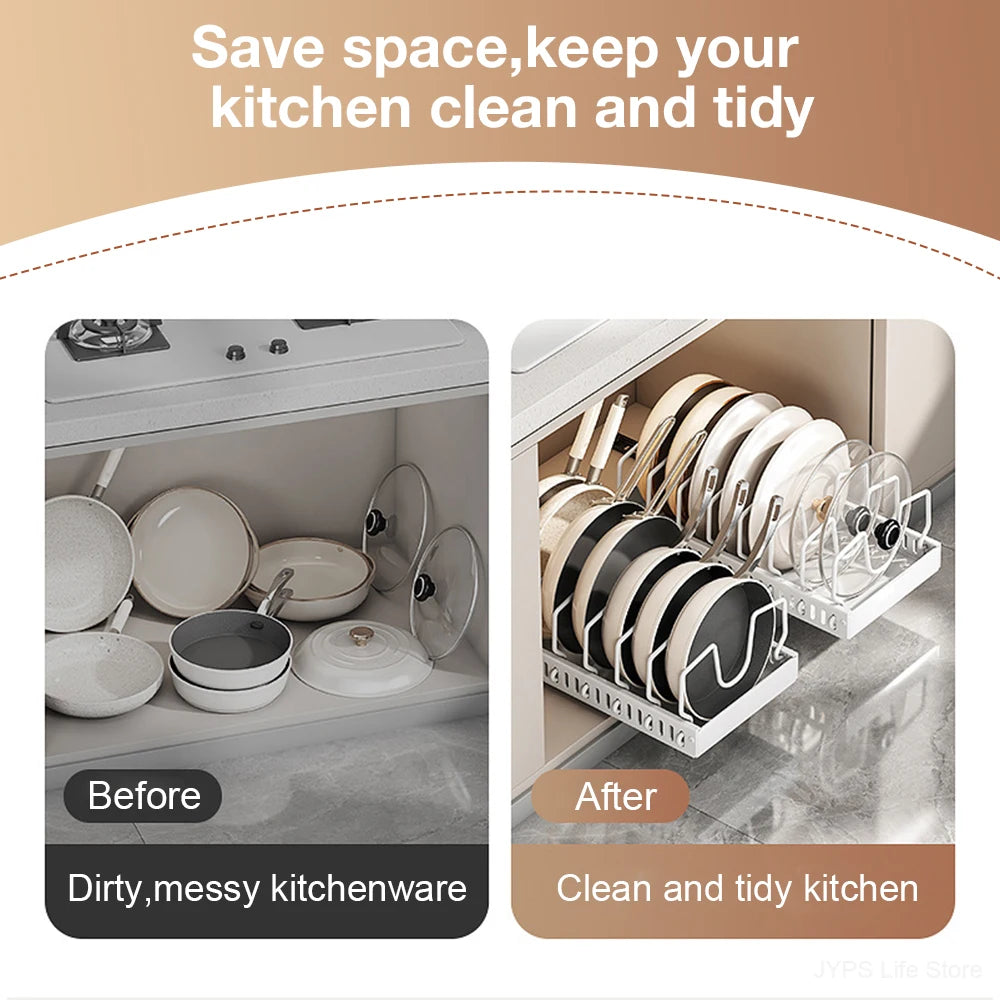 1PCS Kitchen Pots & Pans Organizer Under Cabinet Sliding Drawer Pot Lid Organizer Pull Out Cabinet Storage Tray with 8Dividers